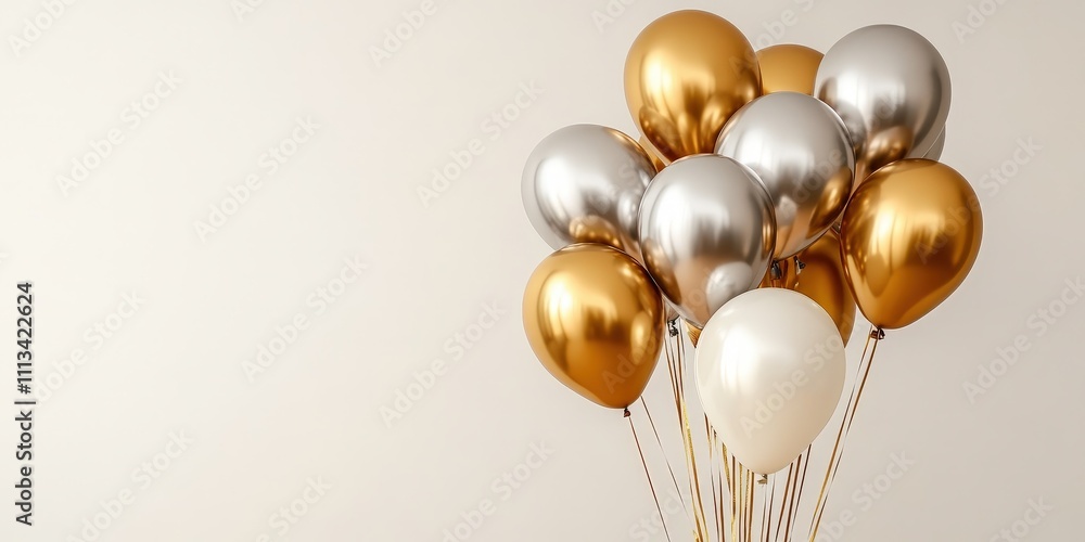 A Stunning Display of Gold and Silver Balloons on a Minimalist White Background for Celebrations and Festive Occasions A Stunning Display of Gold and Silver Balloons on a Minimalist White Background for Celebrations and Festive Occasions