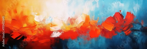 Vibrant Abstract Oil Painting with Red Orange Blue Hues Impressionistic Art Dynamic Brush Strokes photo