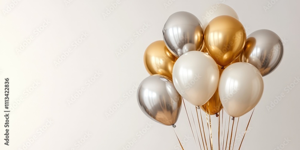 Vibrant Bunch of Gold and Silver Balloons Floating Elegantly Against a Soft White Background, Perfect for Celebratory Events and Festive Occasions Vibrant Bunch of Gold and Silver Balloons Floating Elegantly Against a Soft White Background, Perfect for Celebratory Events and Festive Occasions