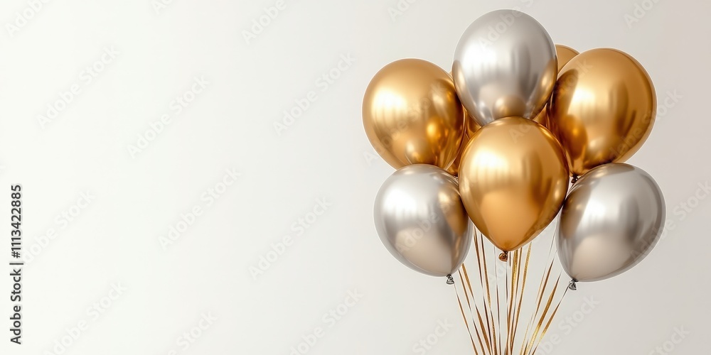 Colorful Bunch of Gold and Silver Balloons Floating Elegantly Against a Clean White Background for Celebratory Events and Decorations Colorful Bunch of Gold and Silver Balloons Floating Elegantly Against a Clean White Background for Celebratory Events and Decorations