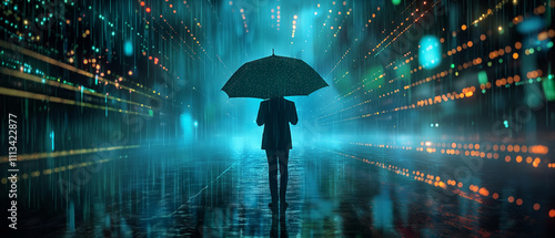Businessman with umbrella in futuristic rainy city.