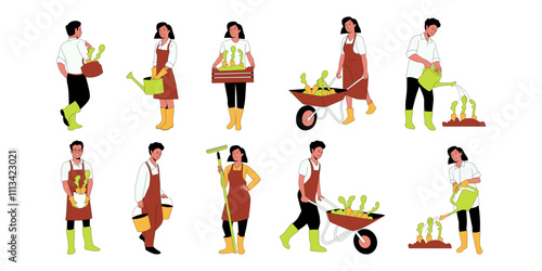 People working in a garden illustration