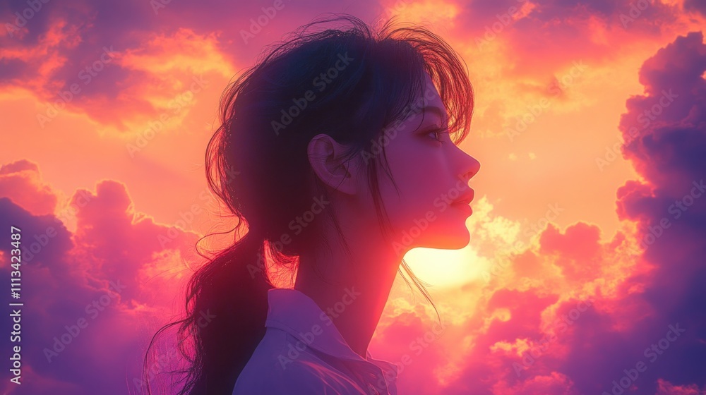 Smiling Woman Looking Up at the Sky with Flowing Hair and Pastel Background Smiling Woman Looking Up at the Sky with Flowing Hair and Pastel Background