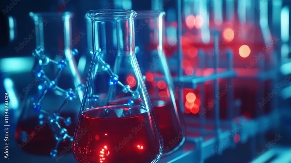 laboratory glassware in laboratory, blue red glass flask vial and chemical structure in research medical science technology background. - ai laboratory glassware in laboratory, blue red glass flask vial and chemical structure in research medical science technology background. - ai