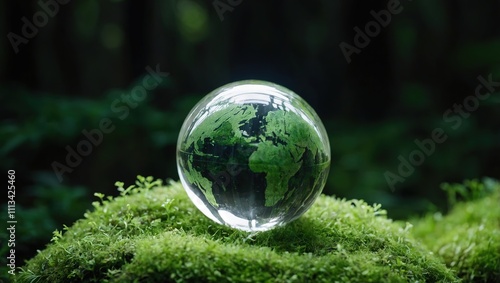Wallpaper Mural A crystal glass globe rests on green moss in a forest, symbolizing Earth Day, sustainability, and environmental stewardship, highlighting ecology and ESG principles. Torontodigital.ca