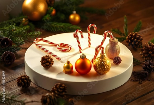 3d luxry christmas white podium stage Christmas Golden Ornaments in a glowing lights. Christmas Festive stage star, tree, gift box. photo