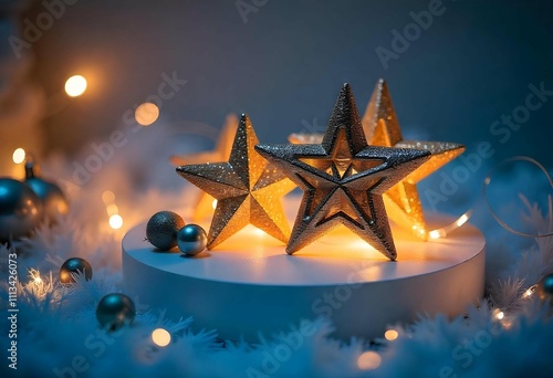 3d luxry christmas white podium stage Christmas Golden Ornaments in a glowing lights. Christmas Festive stage star, tree, gift box. photo