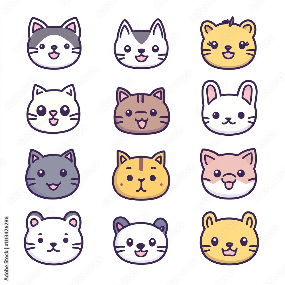 Twelve Adorable Cartoon Cat and Rabbit Faces in Various Colors Twelve Adorable Cartoon Cat and Rabbit Faces in Various Colors