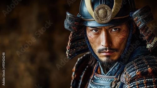 Dramatic close-up portrait of samurai warrior in traditional armor illuminated against dark background