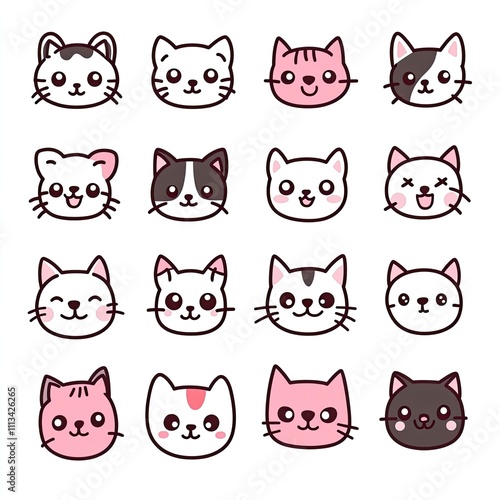 Sixteen Adorable Cartoon Cat Faces in Various Colors and Expressions