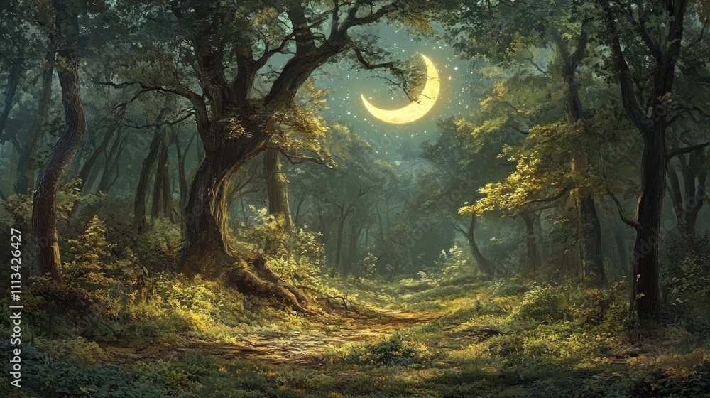 Enchanted Moonlight Forest Path: A Mystical Nighttime Scene Enchanted Moonlight Forest Path: A Mystical Nighttime Scene