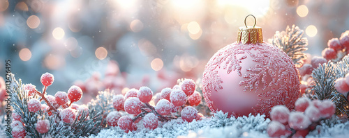 Pink Christmas Ornament Snow Berries Winter Scene photo