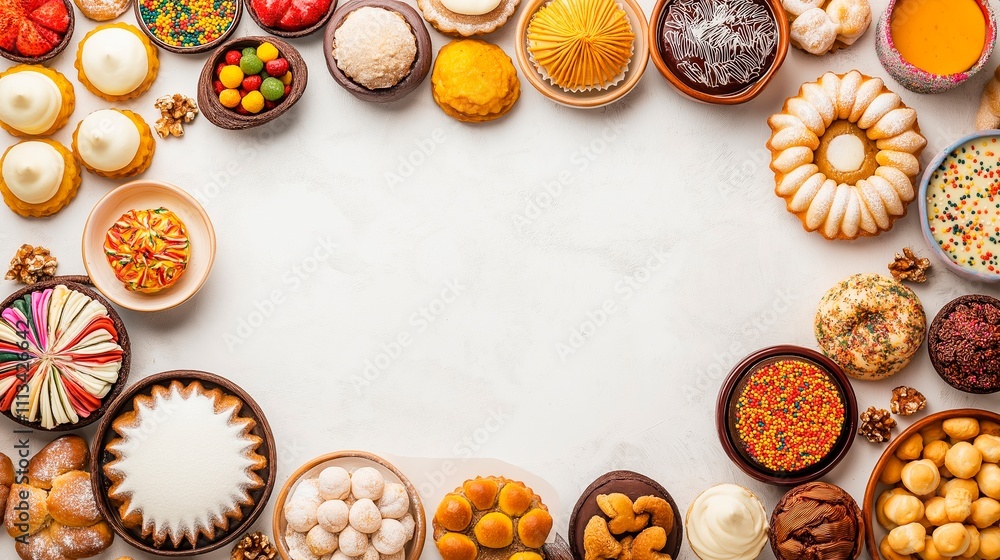 A simple white surface with various traditional Latin American desserts for Three Kings Day A simple white surface with various traditional Latin American desserts for Three Kings Day