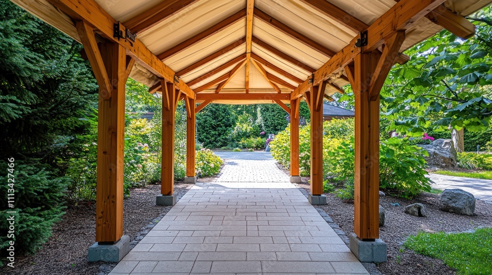 Wooden Pergola Pathway Through Lush Green Garden Wooden Pergola Pathway Through Lush Green Garden