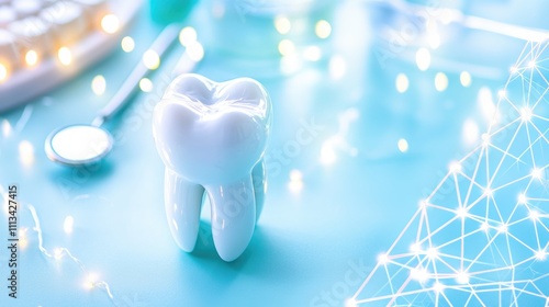 Dental care concept with tooth model and dental equipment on blue background. The concept of dentistry, prevention and treatment of teeth
