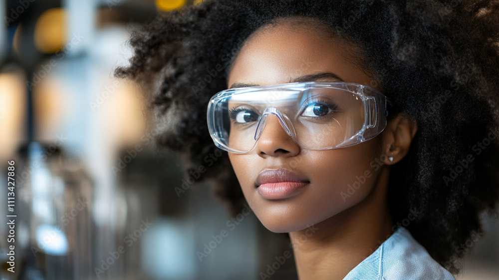 Confident Young Scientist in Safety Goggles in a Laboratory Setting Confident Young Scientist in Safety Goggles in a Laboratory Setting
