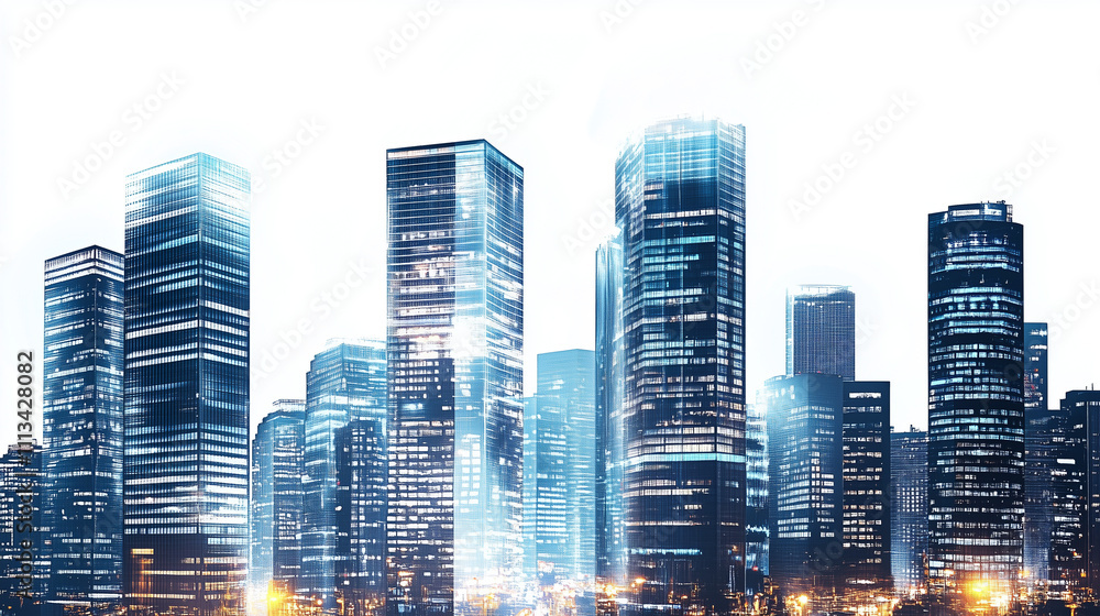 Obraz premium city ​​skyline at night with shining skyscrapers on a pure white background, showcasing urban architecture