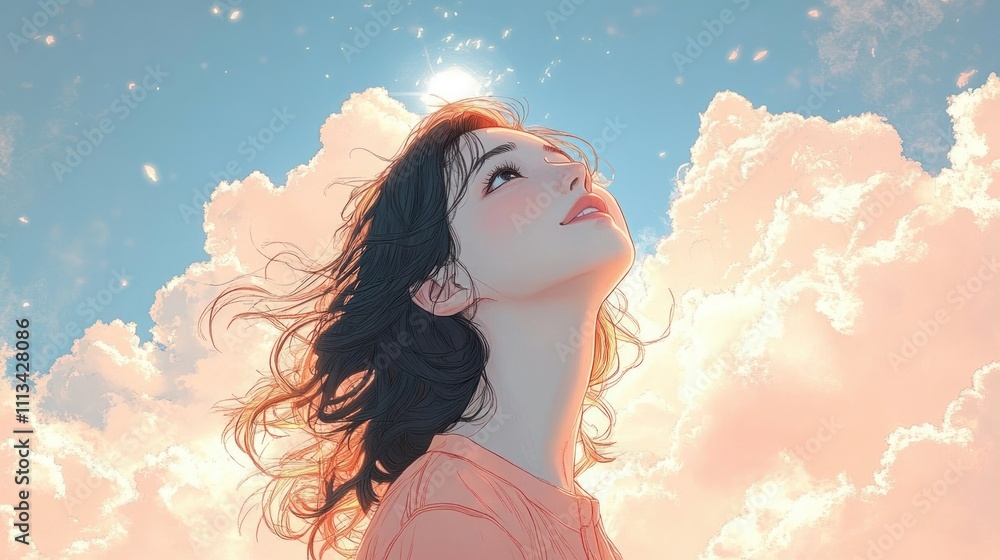 Woman Looking Up at the Sky Illustration with Pastel Colors and Warm Sunlight Woman Looking Up at the Sky Illustration with Pastel Colors and Warm Sunlight