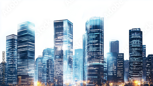 city ​​skyline at night with shining skyscrapers on a pure white background, showcasing urban architecture