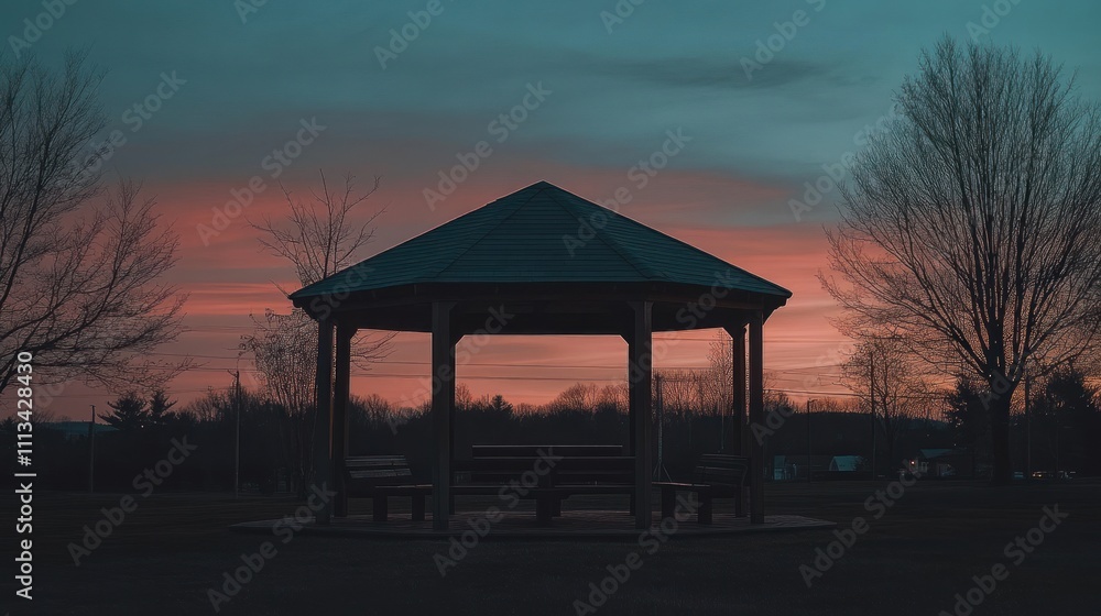 Park Gazebo Silhouetted Against A Colorful Sunset Sky Park Gazebo Silhouetted Against A Colorful Sunset Sky