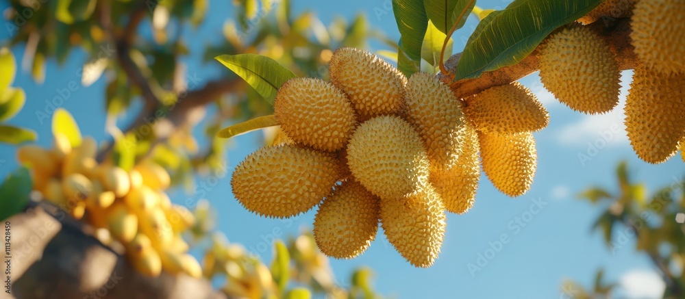 Close-up of a cluster of ripe yellow durian fruits hanging from a tree branch against a blue sky. Close-up of a cluster of ripe yellow durian fruits hanging from a tree branch against a blue sky.