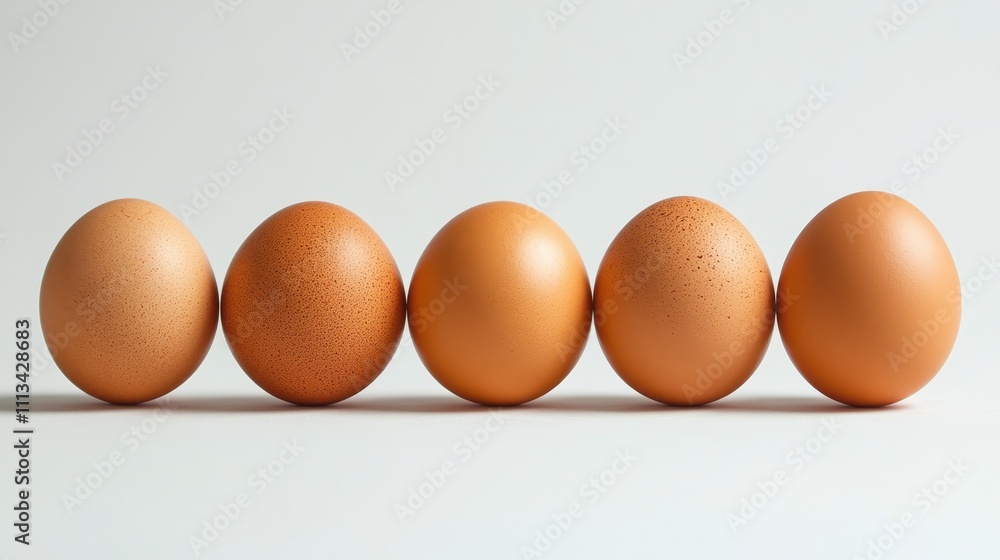 Five brown eggs in a row on white. Perfect for food, health, or spring themes.