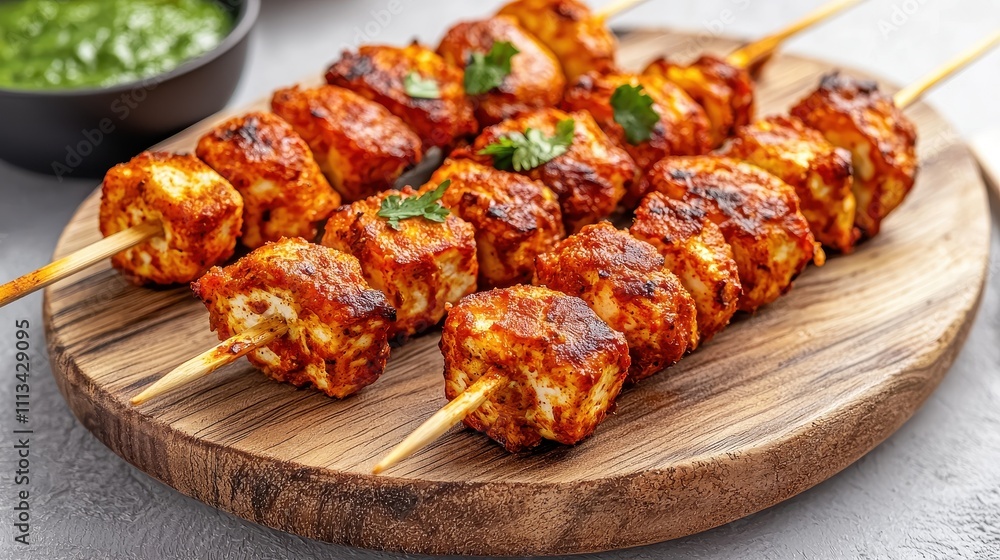Deliciously Grilled Chicken Skewers on a Wooden Platter Served with Green Chutney Deliciously Grilled Chicken Skewers on a Wooden Platter Served with Green Chutney