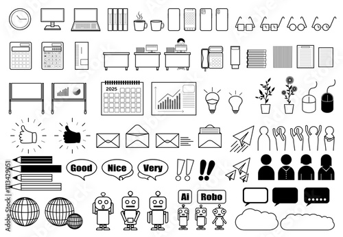 仕事の資料で使えるビジネスアイコン集76点　pcやスマホ、デスク、文具、電話、メール、サーバー、ai、ロボット、人、グラフなど勢揃い