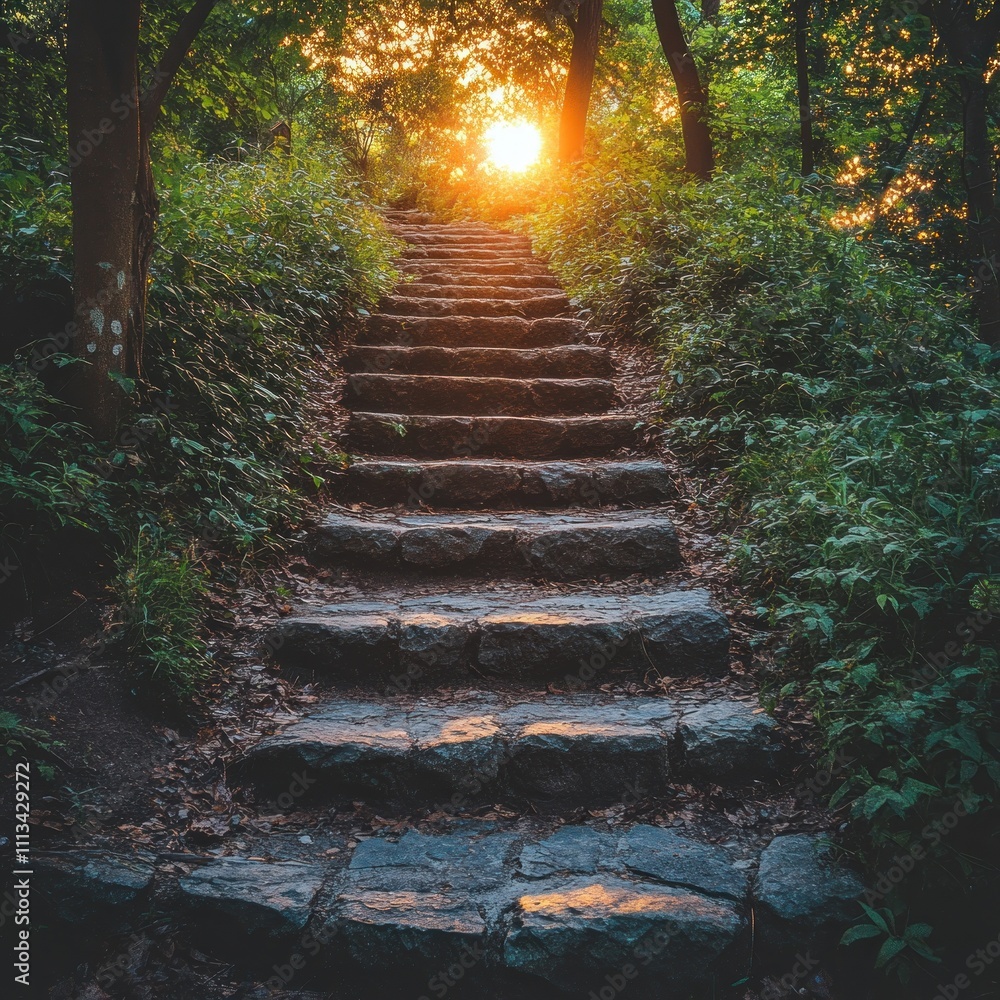 Obraz premium A stone staircase leads through lush greenery towards a glowing sunset.