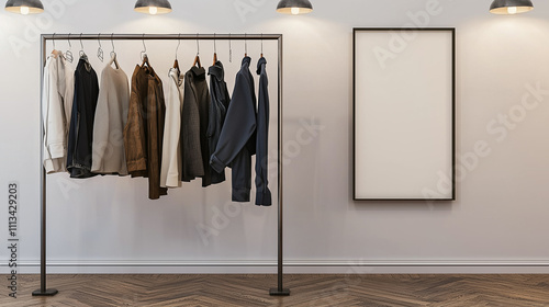 Modern boutique setup with a display of high-end clothing on a simple rack and a vertical mockup poster frame on a wooden floor, under tasteful lighting.
