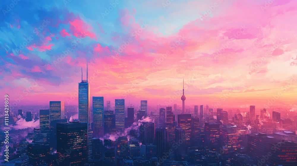 Fototapeta premium Dreamy pink and blue sunset over a futuristic city skyline.