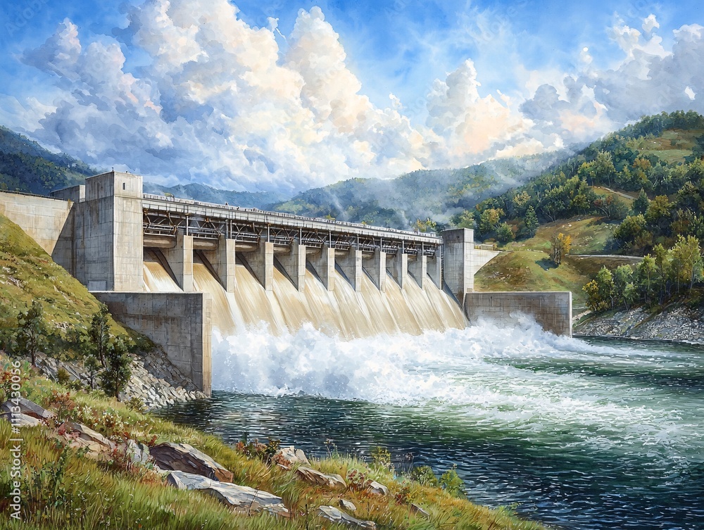 Water release at hydroelectric dam in scenic landscape nature photography captured from a distant viewpoint Water release at hydroelectric dam in scenic landscape nature photography captured from a distant viewpoint