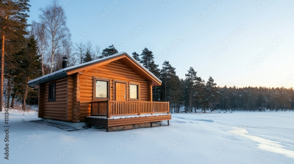Cozy Wooden Cabin by Frozen Lake Surrounded by Winter Landscape Cozy Wooden Cabin by Frozen Lake Surrounded by Winter Landscape