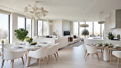 opulent interior design of a white kitchen, windowed dining area, and living room all in one