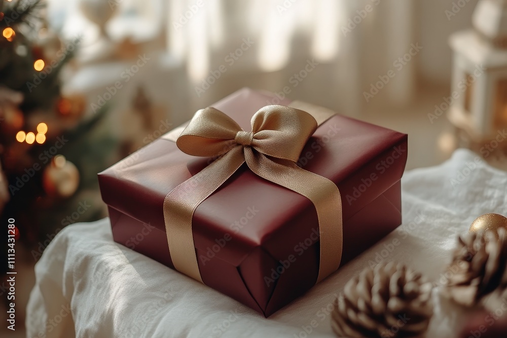 Elegant Dark Red Gift Box with Gold Ribbon on a Soft White Background for Holiday Celebrations and Special Occasions