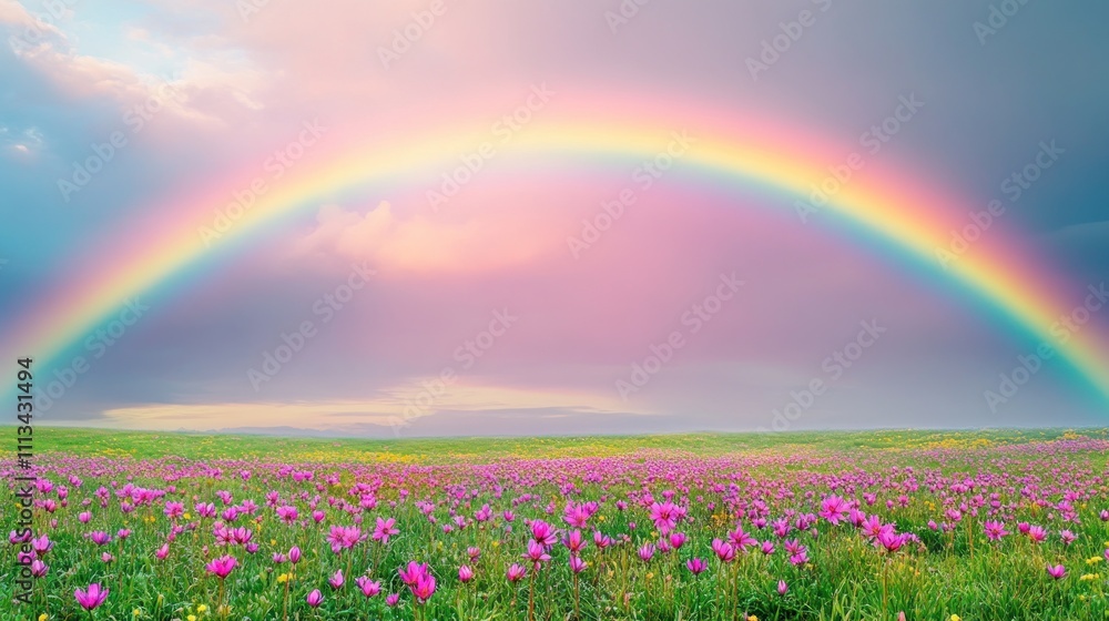 Naklejka premium Rainbow Arcs Over Vibrant Wildflower Meadow