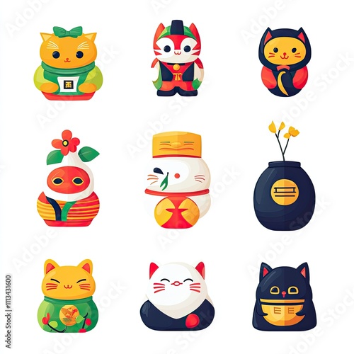 Nine Adorable Japanese Maneki-neko Cats and Figurines in Colorful Designs