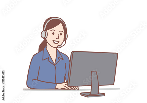 Female telephone operator, female call center. Hand drawn style vector design illustrations. 