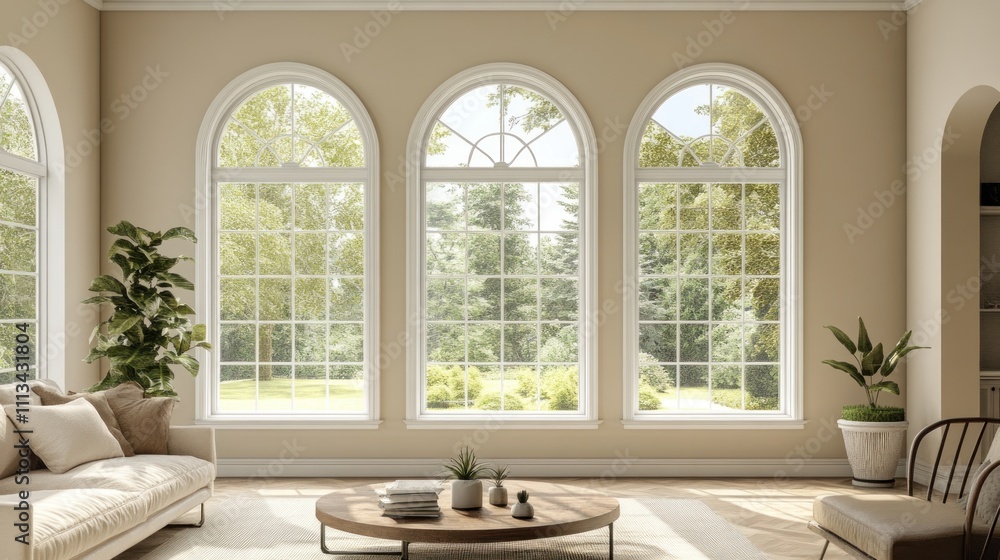 Fototapeta premium Elegant living room with three arched windows offering abundant natural light and showcasing a serene garden view.