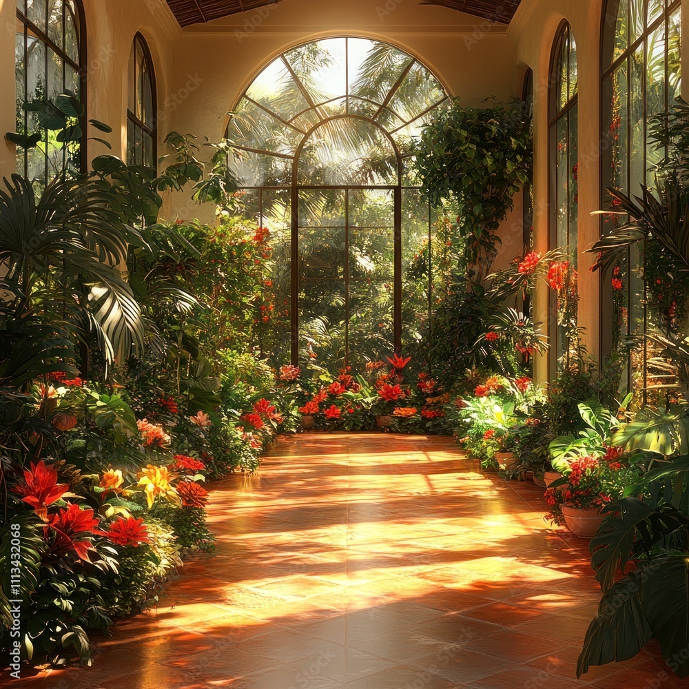 A sunlit greenhouse filled with vibrant plants and flowers, creating a serene atmosphere. A sunlit greenhouse filled with vibrant plants and flowers, creating a serene atmosphere.