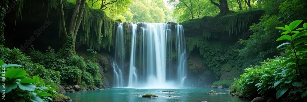 A serene waterfall surrounded by lush greenery, creating a tranquil natural landscape perfect for relaxation and rejuvenation. A serene waterfall surrounded by lush greenery, creating a tranquil natural landscape perfect for relaxation and rejuvenation.