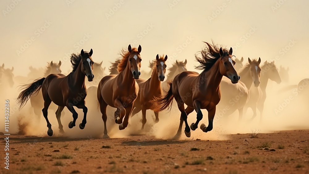 Herd of wild horses galloping across a dusty plain, dynamic motion captured Herd of wild horses galloping across a dusty plain, dynamic motion captured