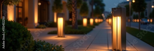 Elegant street lighting illuminates a tranquil walkway at dusk, creating a welcoming atmosphere for evening strolls.