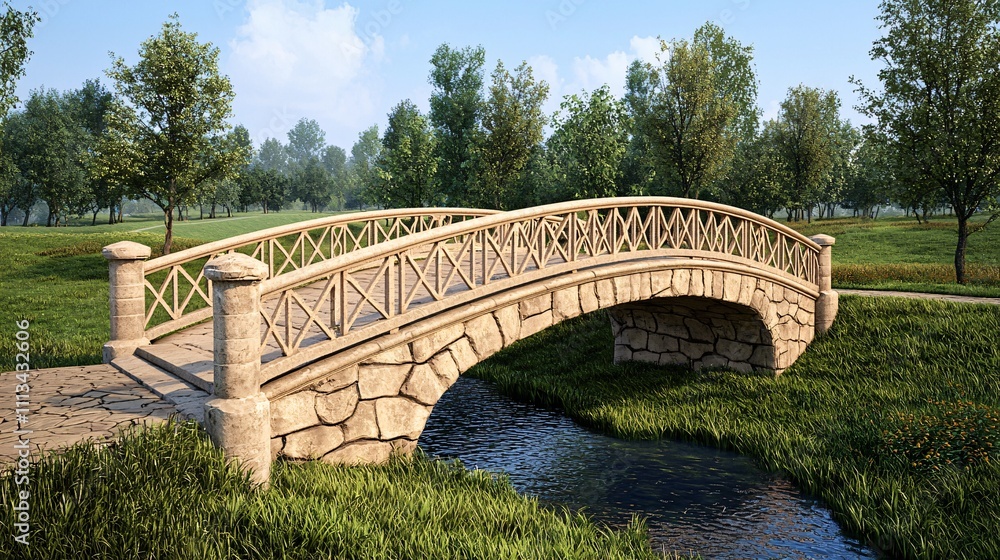 Tranquil bridge crossing over stream scenic park 3d rendering lush greenery serene environment nature concept Tranquil bridge crossing over stream scenic park 3d rendering lush greenery serene environment nature concept