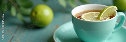 A refreshing cup of herbal tea with lemon and lime slices, perfect for wellness, relaxation, and culinary themes. photo