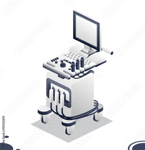 Ultrasound scanner machine with a screen. Isometric modern object isolated on white background. Medical diagnosis system. Hospital equipment. Top view.