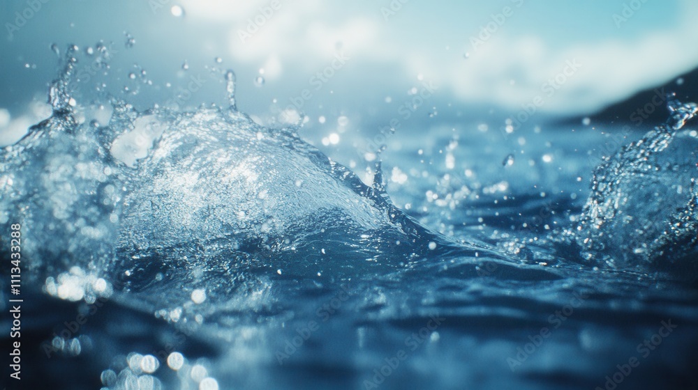 Close-up of splashing ocean water, sunlit. Ideal for websites, blogs; evokes freshness, purity. Close-up of splashing ocean water, sunlit. Ideal for websites, blogs; evokes freshness, purity.
