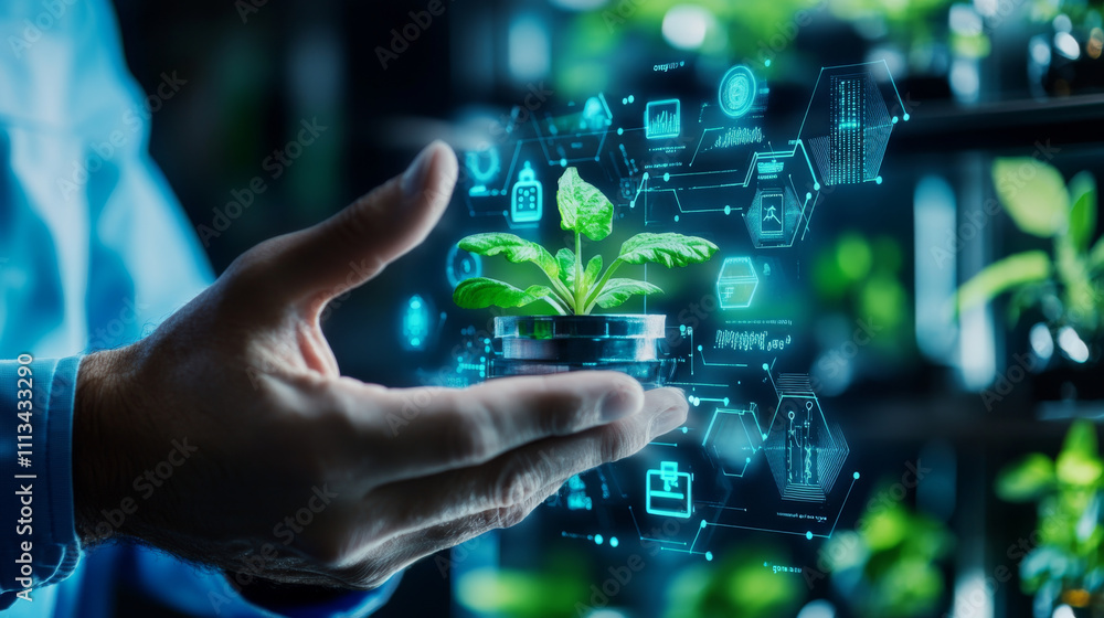 Innovative technology meets nature in this image, showcasing hand holding small plant surrounded by digital data and icons. blend of greenery and technology symbolizes growth and sustainability Innovative technology meets nature in this image, showcasing hand holding small plant surrounded by digital data and icons. blend of greenery and technology symbolizes growth and sustainability