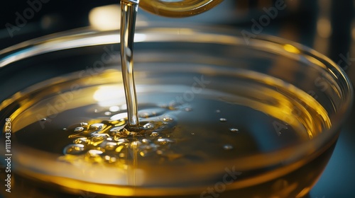 Golden Olive Oil Pouring into Glass Bowl, Culinary, Cooking photo