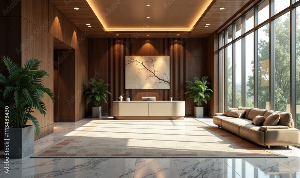 Modern and inviting office lobby with wooden accents, large windows, and plush seating. Perfect for corporate and interior design projects. Modern and inviting office lobby with wooden accents, large windows, and plush seating. Perfect for corporate and interior design projects.